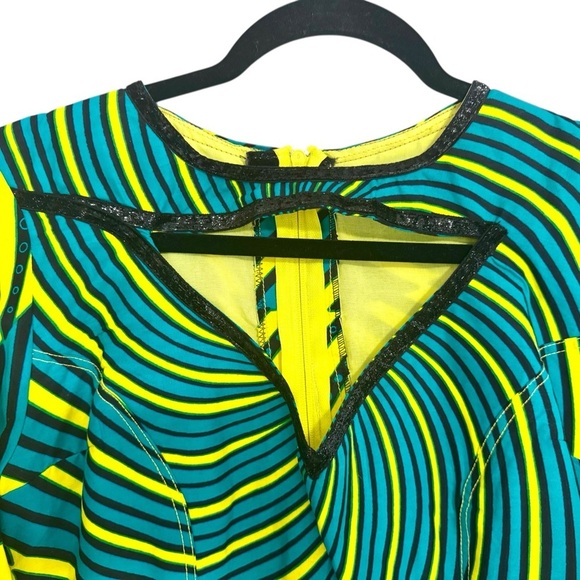Asymmetrical African Print Yellow & Blue Long Sleeve Dress with Front Cutout - Picture 2 of 9